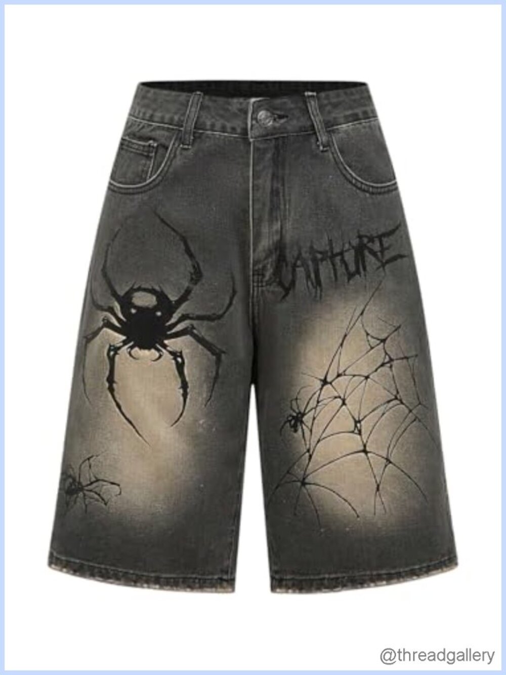 Plus Size Spiderweb Graphic High Waisted Bermuda Denim Shorts Goth Jorts